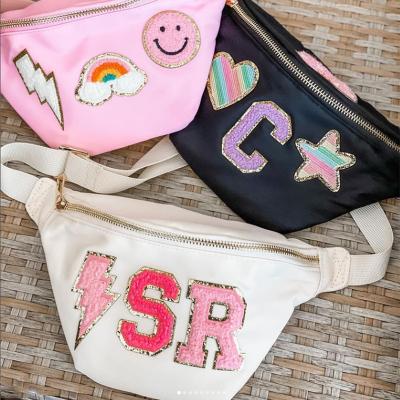 China Water Proof RTS Running Nylon Classic Waterproof Personalized Letter Patches Custom Women Girls Travel Gift DIY Fanny Pack Waist Bag Cute for sale