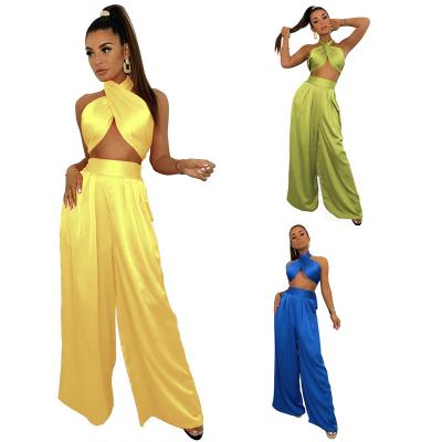 China 10425-MX75 Breathable Two Piece Crop Top Wide Leg Overalls Women Sehe Fashion Solid Color for sale