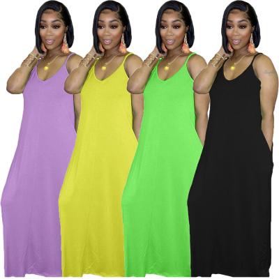 China 10415-MX30 Breathable Fashion Solid Color Spaghetti Straps Long Casual Dresses Women for sale