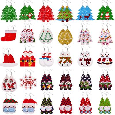 China Wholesale CLASSIC Faux Leather Drop Earrings Faux Leather Christmas Tree Snowman Deer Snowflake Print Teardrop Dangle Earrings For Women Girls for sale