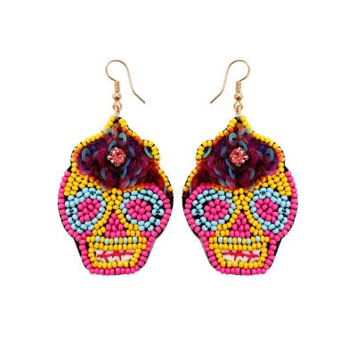 China Wholesale Vintage Halloween Beaded Women's Rice Seed Bead Skull Earrings Halloween Holiday Party Goth Sugar Skull Pattern Drop Earrings for sale