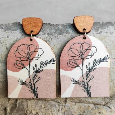 China Vintage Style Simple Leaf Flowers Nordic Wood Earring Floral Print Geometric Wooden Drop Earrings For Ladies Jewelry for sale