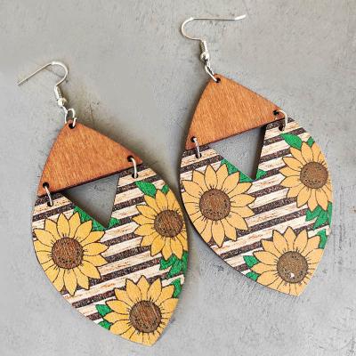 China Boho Wooden Geometric Cavity Striped Floral Print Vintage Sunflower Stud Earrings Quilted Wooden Dangle Earrings For Women for sale