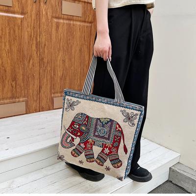 China New Elephant Woven High Quality Canvas Fashion Vintage Color Embroidery Large Capacity Tote Bag for sale