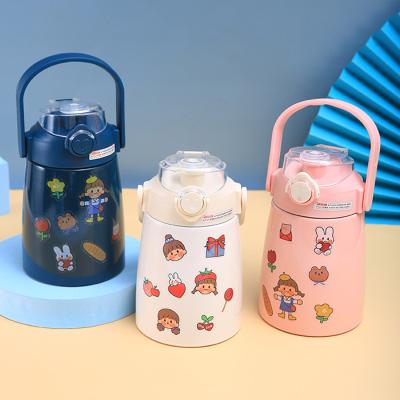 China Cartoon Design 850ml DIY Vacuum Flask Viable Mug With Stickers Cute Insulated Stainless Steel Kids Water Bottle With Straw Lid for sale