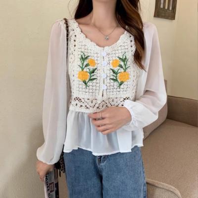 China 2022 Breathable Solid Knitting Hollow Out Blouses And Shirts Women Vintage V-neck Embroidery Long Sleeve Shirts For Lady Tops Clothing for sale