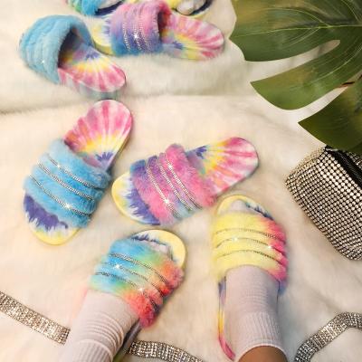 China 2022 New Summer Diamond Fur Eco-Friendly Slippers For Ladies Women Slides Sandals,Flat Indoor Outdoor Soft Rhinestone Slippers for sale