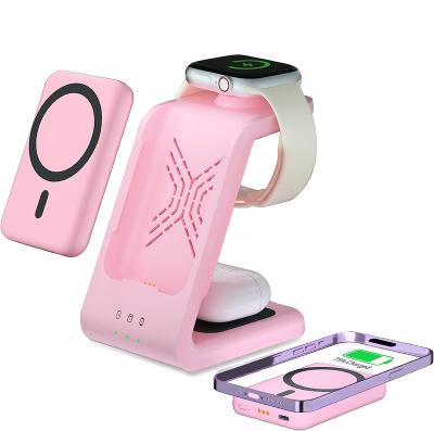 China NEW Pink 5000mAh Multi-Function Wireless Charger 15W 3in1 Fast Charging Magnetic Wireless Stand Wireless Power Bank For iPhone14 Iwatch8 SE2 for sale