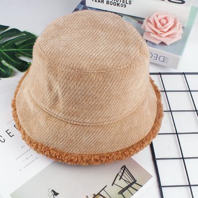 China Solid Color Autumn Striped Winter Thickening Cotton Fisherman Hat Korean High Quality Warm Ribbon Lambswool Bucket Hats for sale