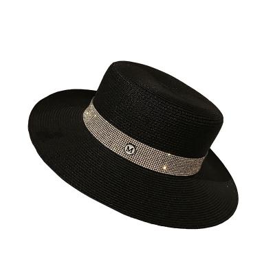 China Eco-Friendly Custom Made Rhinestone High Quality Ladies Beach Sun Hats Letter Logo Wide Brim Straw Hats Wholesale for sale