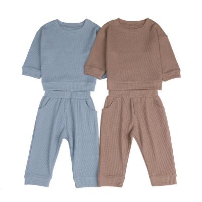 China Wholesale Customized Breathable Boutique Baby Clothes Kids Children Solid 100% Cotton Waffle Terry Top Pants French Sets for sale