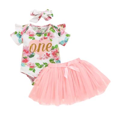 China Breathable Newborn Girl First Birthday Outfits Floral Ruffles Baby Romper+Toddler Kids Tutu Skirts+Headband 3pcs Clothes Sets for sale