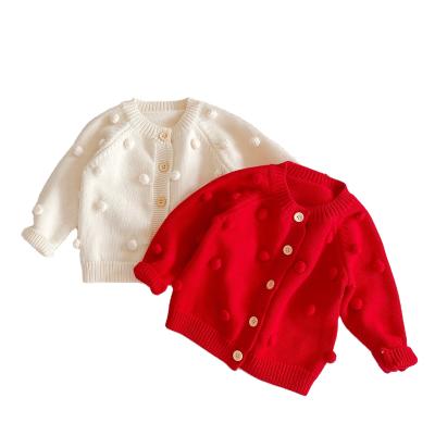 China New Viable Handmade Pompom Knitted Autumn Newborn Baby Girl Red Sweater Spring Cardigan Coat Cotton Long Sleeve Infant Clothes for sale