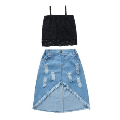 China Fashion Summer Kids Babies Suit Sets Solid Color Strap Lace Sleeveless Crop Tops+Ripped Denim Skirt Clothes Set 1-6Years for sale