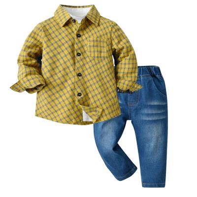 China Autumn Winter White Bottoming Shirt Plaid Boy Long Sleeve Shirt Fan Jeans 3pcs/sets Fashion Casual Boys Clothing Sets for sale