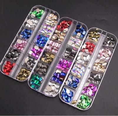 China New Style 12 Glass Grid Long Strip Box Crystal Nail Art Rhinestones Flat Mixed Shape Mixed Color DIY Nail Art 3D Decoration for sale