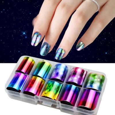 China 10 Design Nail Gel Plastic UV Wraps/set 2.5*100cm Holographic Starry Color Art Transfer Foil Stickers Paper ab for sale