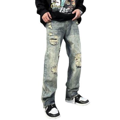 China High Street Breathable Vintage Cut Hole Denim Old Loose Washed Jeans For Men Hiphop Stats Fashion Trend Damage Straight Pants for sale