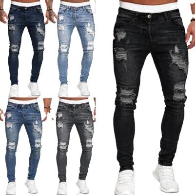 China QUICK DRY Skinny High Street Men's Jeans Stretch With Holes And Gaiters New Men'S Jeans Fashion White Slim Fit Denim Lattice for sale