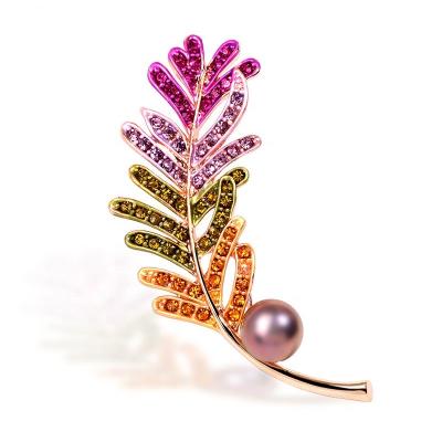 China Luxury New Arrival Individuality Luxury Alloy Plating Natural Real 24K Gold Freshwater Pearls Enamel Paint Leaves Brooch Pin for sale