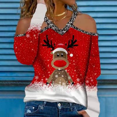 China New Breathable Christmas Elements V-neck Long Sleeve Autumn Winter T-shirt For Women Bottom Shirt for sale