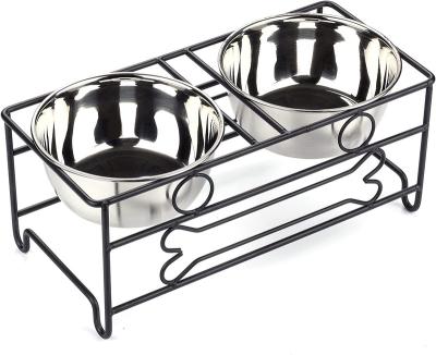 China Stocked Rounded Separated High Metal Double Wall Stainless Steel Dog Bowl With Ivory Rack for sale