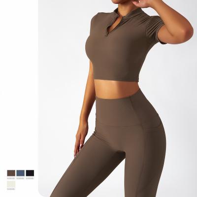 China Yoga Sportswear Women High Waisted Sleeve Yoga Set Seamless Crop Activewear Breathable Short Set Two Piece Tight Suit for sale