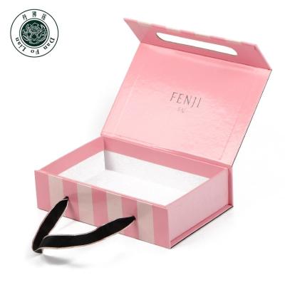 China Handmade Custom Material Make Up Boxes Rectangle Magnet Pink Magnetic Ribbon Closure Packaging Box With Ribbon for sale