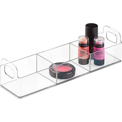 China 3 Compartments Lucite Acrylic Plastic Makeup Organizer Modern Storage Box Case With Handle for sale