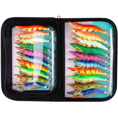 China Jig Hooks Simulation Fishing Shrimp Sea Fishing Fluorescent Wooden Luminous Squid Hook Bait Set Fishing Lures Set for sale