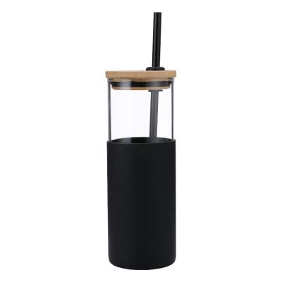 China WITH LID Glass Tumbler With Straw And Bamboo Lid Glass Tumbler With Silicone Sleeve Recycled Coffee Water Bottle Tumbler for sale