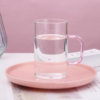 China WITH LID 2022 logo borosilicate glass clear printing beer mug / thick glass beer mug with colorful handle for sale