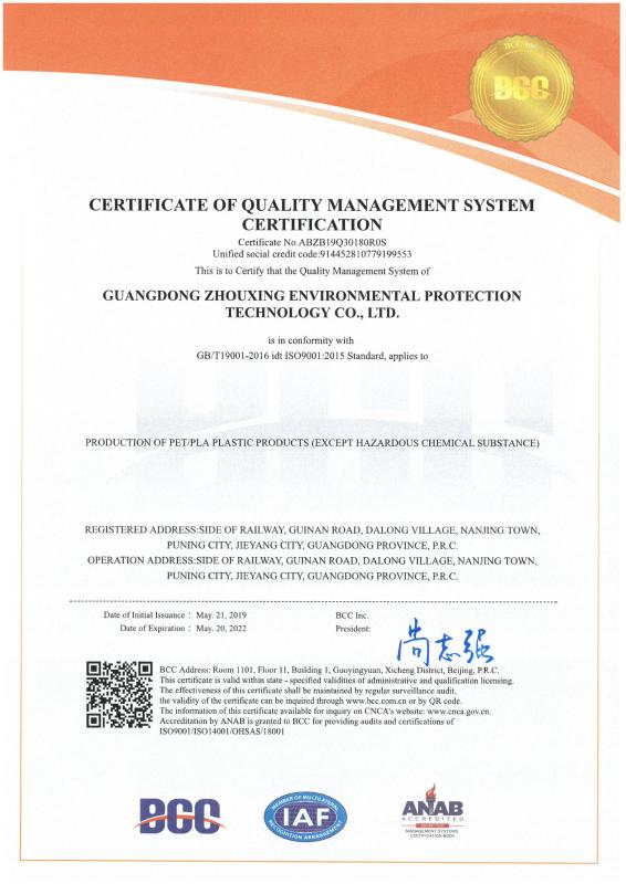 ISO9001 - Guangdong Zhouxing Environmental Protection Technology Co., Ltd.