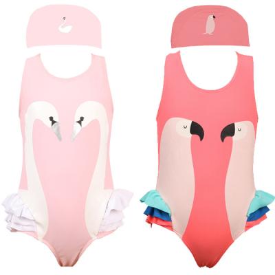 China INS Breathable Top Selling Girls Pink One Piece Lovely Swan Printed Ruffle Swimsuit Kids Swimwear With Hat for sale