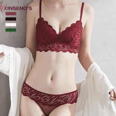 China Kinseno Stylish Breathable Yarn Free Embroidered Lift Up Girls Triangle Lace Women Underwear Set for sale