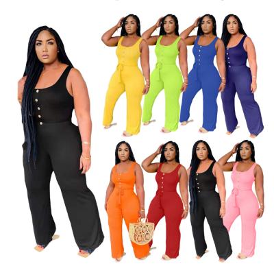 China Plus Size Summer Plus Size Straight Jumpsuits And Playsuit Sleeveless O-Neck Romper Belts Women Rompers for sale