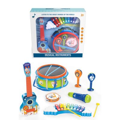 China Educational Creative Children's Musical Instrument Ensemble Guitar Percussion Music Children's Drum 7 Sets for sale