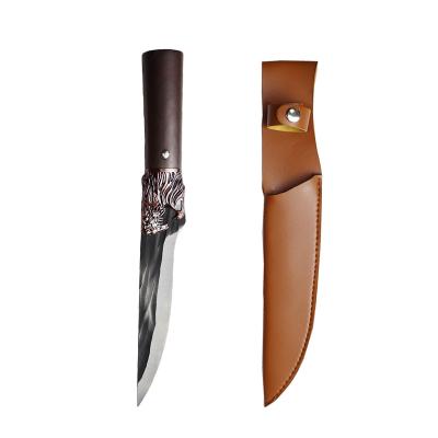 China Carbon Steel Bone Knife For Kitchen Meat Fish Carving Sharp Strong Knife With 4Cr13 Stainless Steel Leather Wrapping Chef Knife Wooden Handle for sale