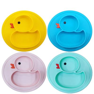 China Disposable Silicone Divided Toddler Plate Small Duck Portable Non Slip Suction Yellow Plates Kids Babies Baby Dinner Dish Tray for sale