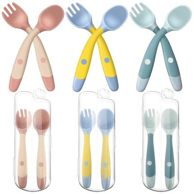 China Disposable 3 Utensils Toddler Set Baby Spoon And Fork Set With Case Box Silicone Spoon Forks For Babies Toddler Bendable Handle Toddler Set children for sale