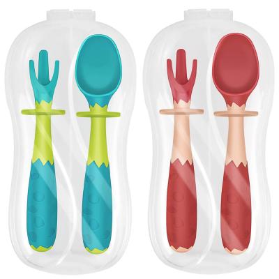 China Disposable Flatware Fork and Box Toddler Safe Baby Spoon Set Travel Case Easy Feeding Training Handle Heat Resistant Self-Tracking Spoons for sale