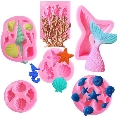 China Sea Life Disposable Candy Mold Fondant Cake Mold Silicone Seashell Ocean Mermaid Tail Ocean Tail Baking Tool For Wedding Birthday Party Cupcake for sale