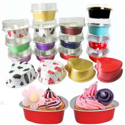 China Disposable Heart Cake Molds 100ml/3.4oz Aluminum Foil Cupcake Heart Shaped Cup With Lids Dessert Cups Baking Cups For Wedding Valentines for sale