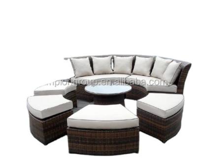 China Industrial Outdoor Patio Furniture 7pcs All Weather Wicker Round Couch Set With Freestanding Patio Cover for sale