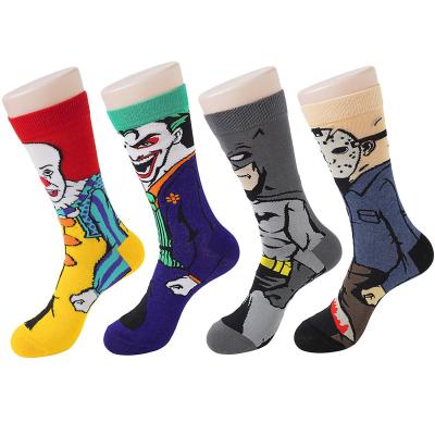 China QUICK DRY Colorful Novelty Funny Cartoon Comics Animation Model The Joker /Hero Print Crew Dress Bangs Men Cotton Socks for sale