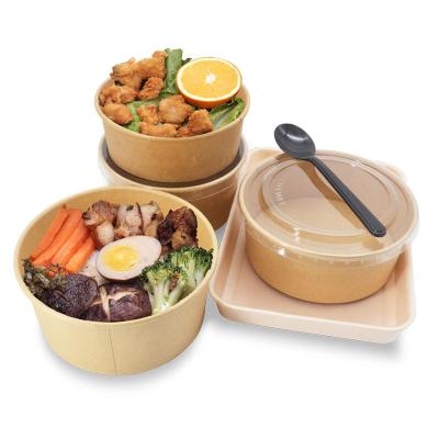 China Biodegradable Disposable Take Away Kraft Paper Salad Bowl With Lid PET Packaging Kraft Paper Bowl for sale