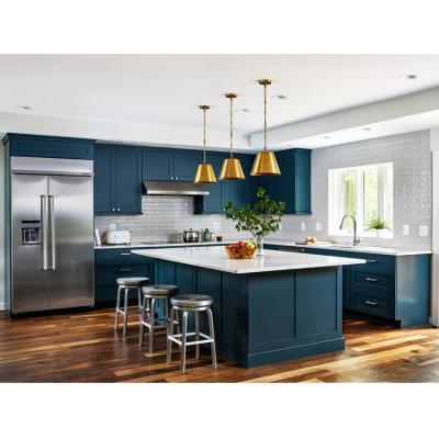 China Modern Custom Design Navy Blue PVC Vinyl Shaker Modern Kitchen Cabinets With Island for sale