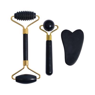 China Loose bian jade roller logo obsidian jade roller tool kit gua sha jade facial three piece personal gua sha body and skin care roller for sale