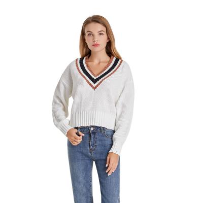 China Anti-wrinkle Women's Fashion V-Neckline Sheath Long Color Stripe Pullover Knitted Sweater for sale