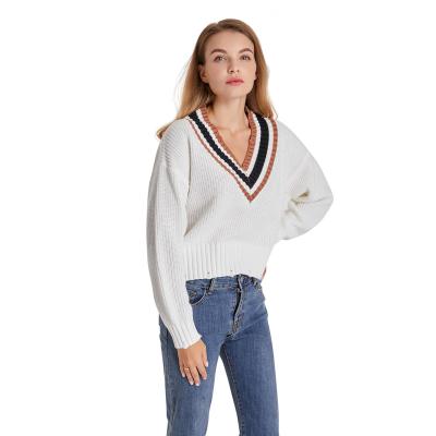 China Anti-wrinkle fashion v-neckline long sleeve color stripe pullover knitted sweater for girls and women for sale